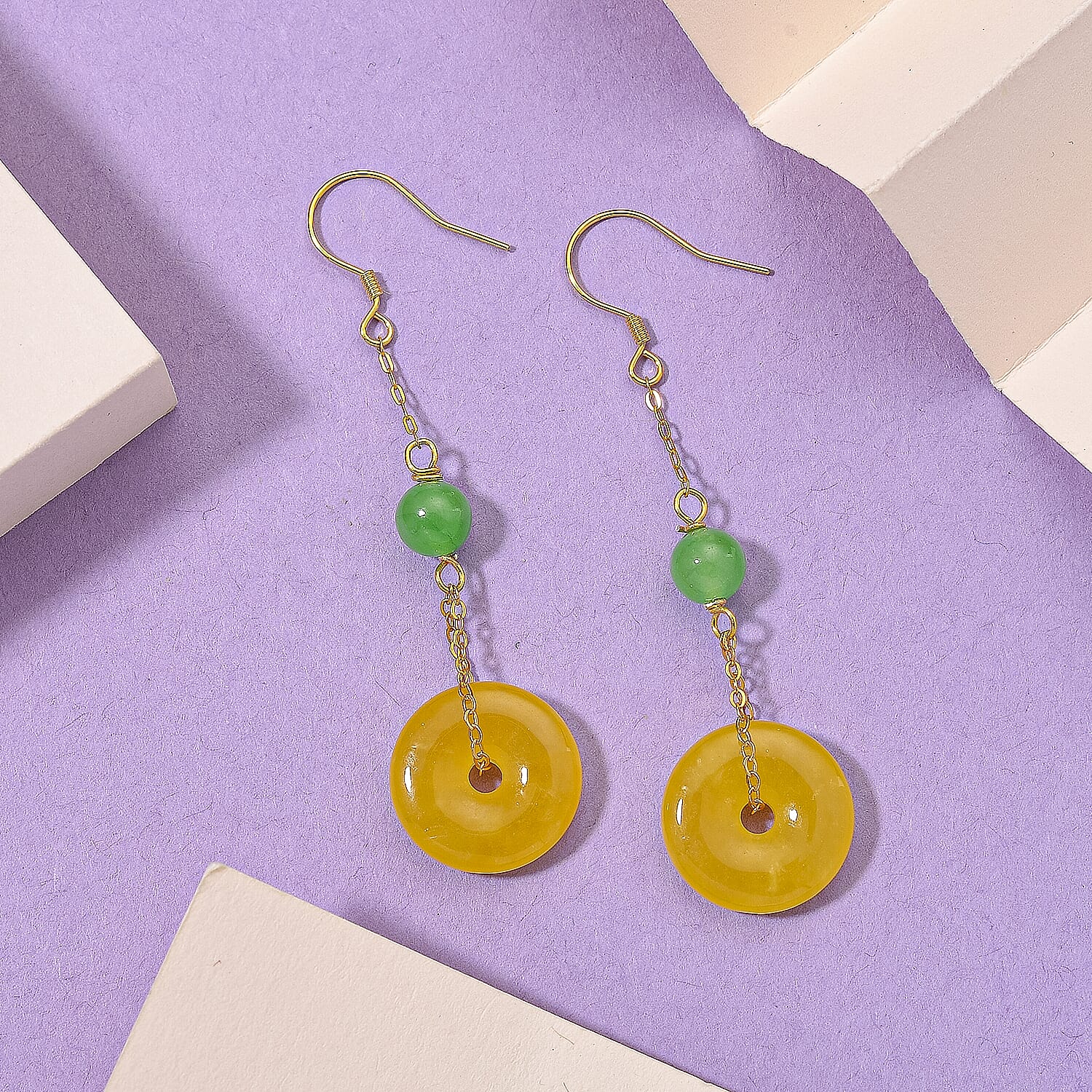Yellow Jade & Green Jade Earring with Hook in Yellow Gold Plating Sterling Silver 17.50 Ct.