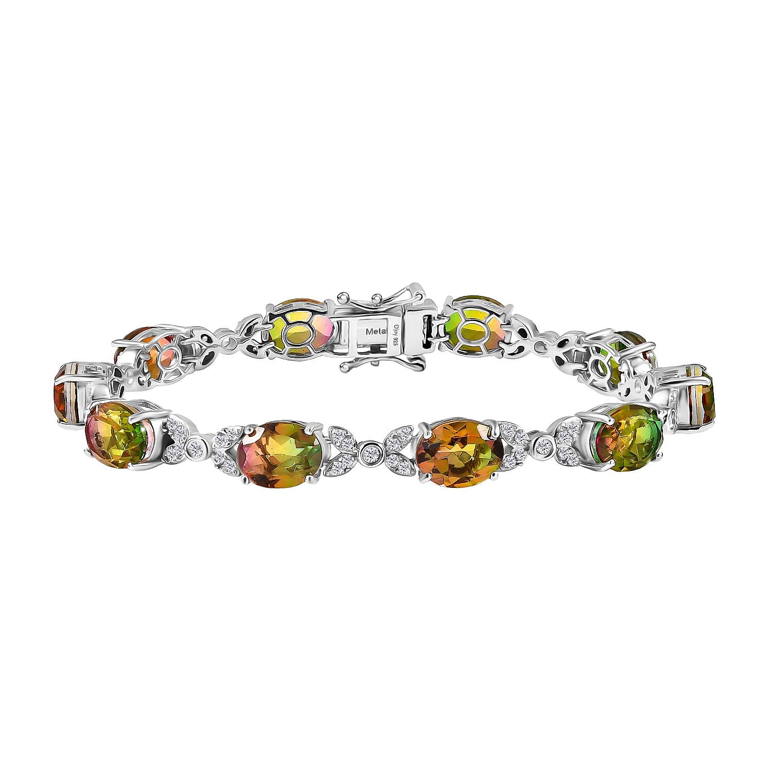D'joy Rainbow Genesis Quartz & White Zircon Aurora Bloom Bracelet (Size - 7) with GB Lock Box in Rhodium Overlay Sterling Silver 22.31 Ct.