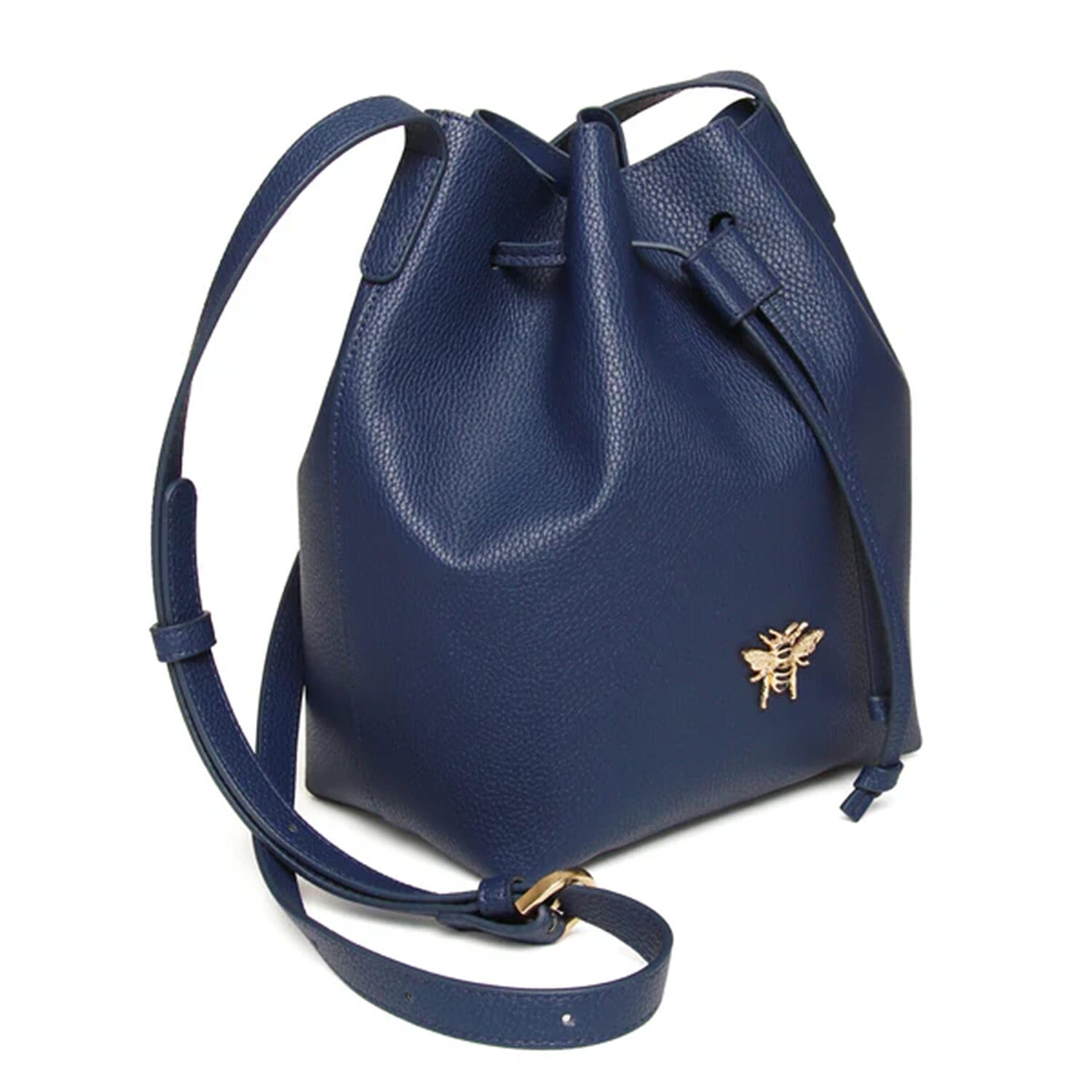 Alice Wheeler Vegan Leather Bucket Shoulder Bag with Drawstring & Bee Emblem - Navy