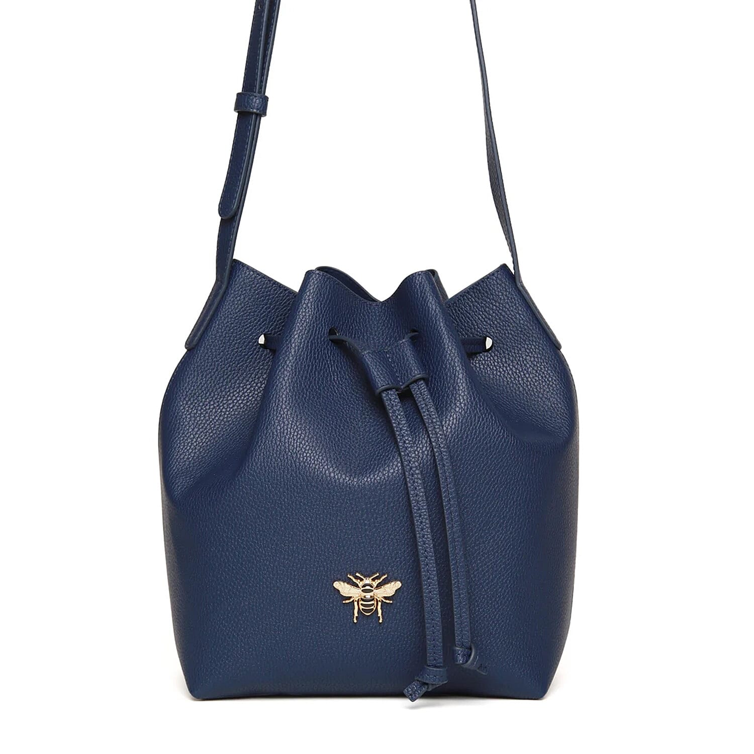 Alice Wheeler Vegan Leather Bucket Shoulder Bag with Drawstring & Bee Emblem - Navy