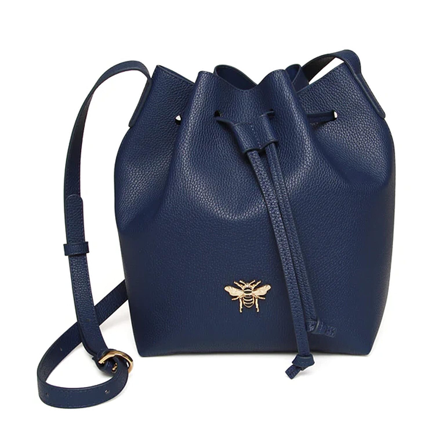 Alice Wheeler Vegan Leather Bucket Shoulder Bag with Drawstring & Bee Emblem - Navy