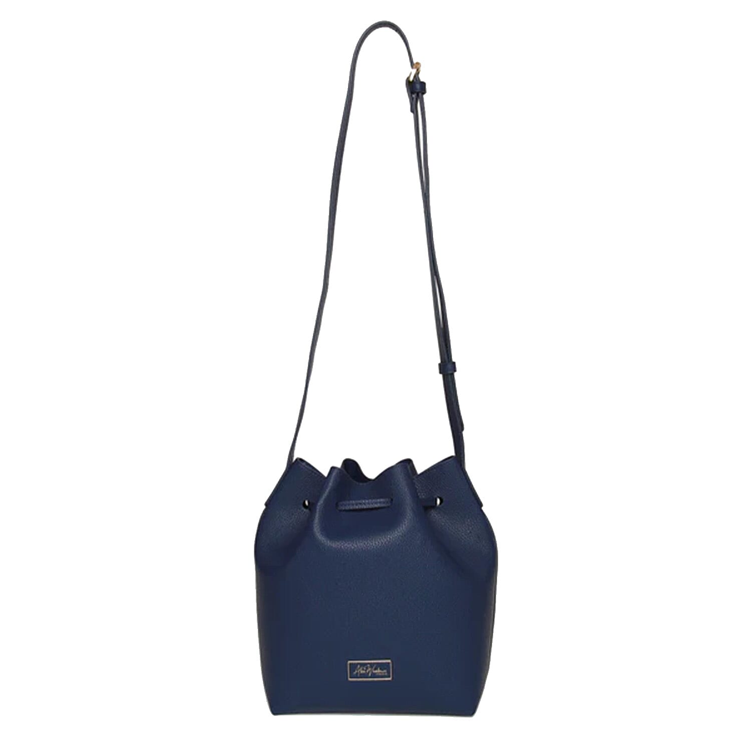 Alice Wheeler Vegan Leather Bucket Shoulder Bag with Drawstring & Bee Emblem - Navy