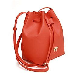 Alice Wheeler Vegan Leather Bucket Shoulder Bag with Drawstring & Bee Emblem - Black