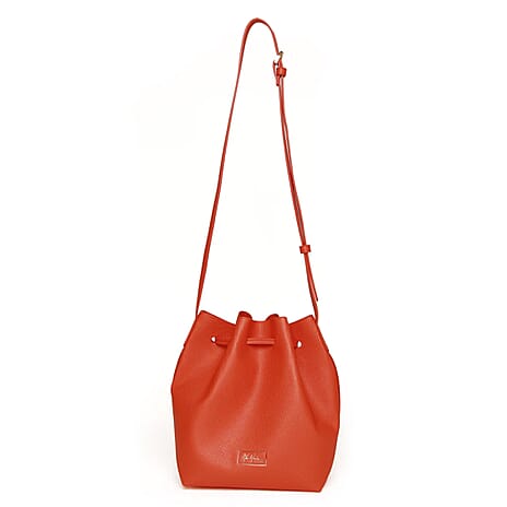 Alice Wheeler Vegan Leather Bucket Shoulder Bag with Drawstring & Bee Emblem - Orange
