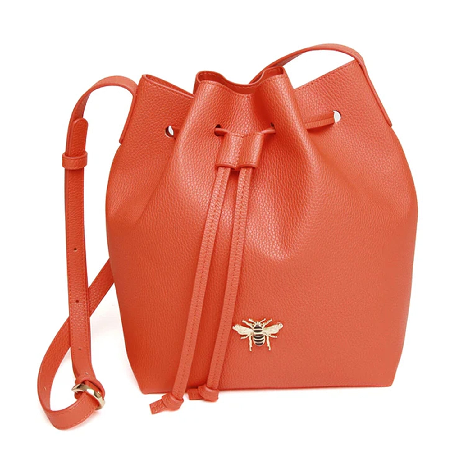 Alice Wheeler Vegan Leather Bucket Shoulder Bag with Drawstring & Bee Emblem - Orange