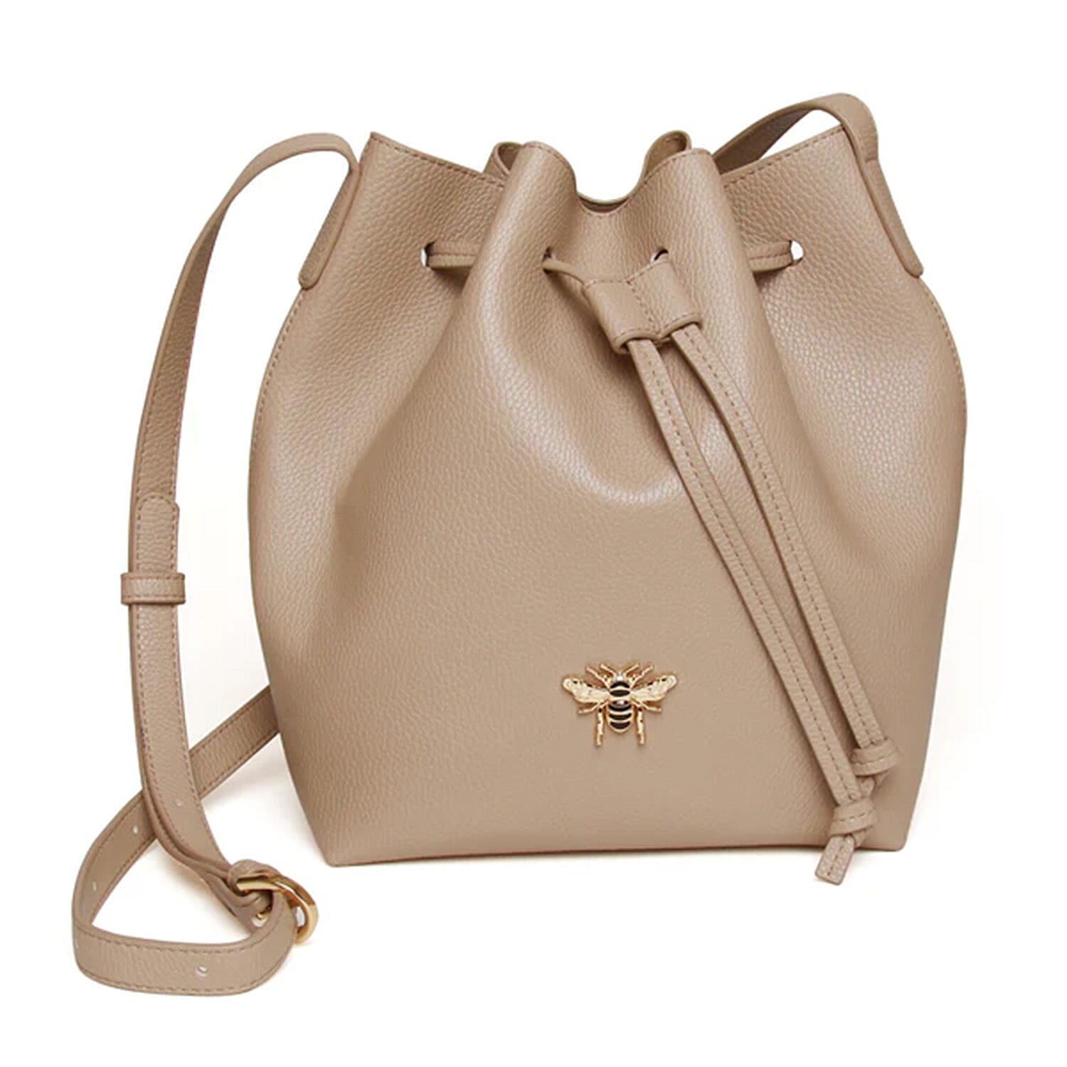 Alice Wheeler Vegan Leather Bucket Shoulder Bag with Drawstring & Bee Emblem - Stone