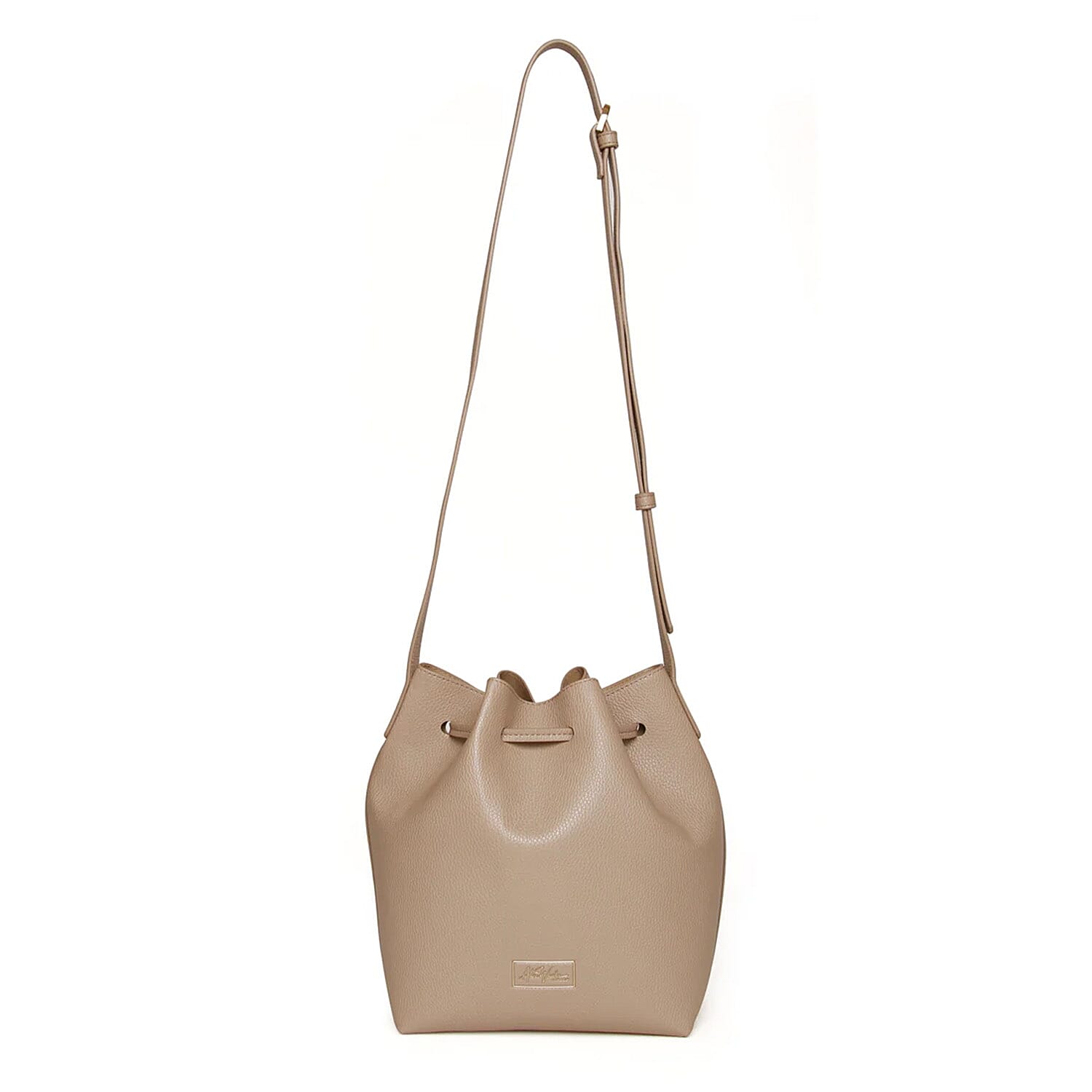 Alice Wheeler Vegan Leather Bucket Shoulder Bag with Drawstring & Bee Emblem - Stone
