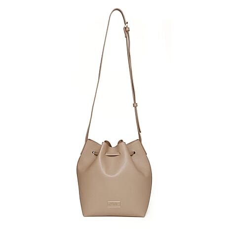 Alice Wheeler Vegan Leather Bucket Shoulder Bag with Drawstring & Bee Emblem - Stone