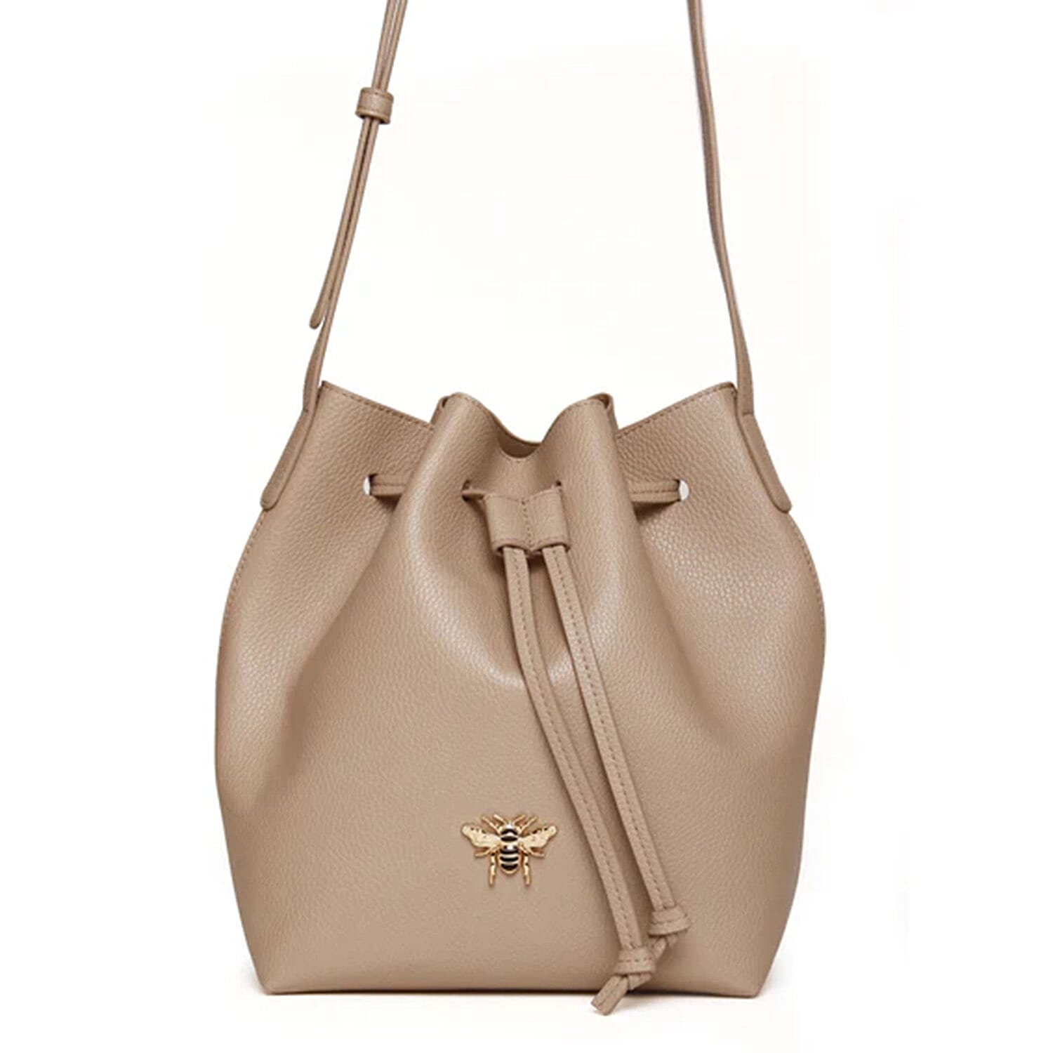 Alice Wheeler Vegan Leather Bucket Shoulder Bag with Drawstring & Bee Emblem - Stone