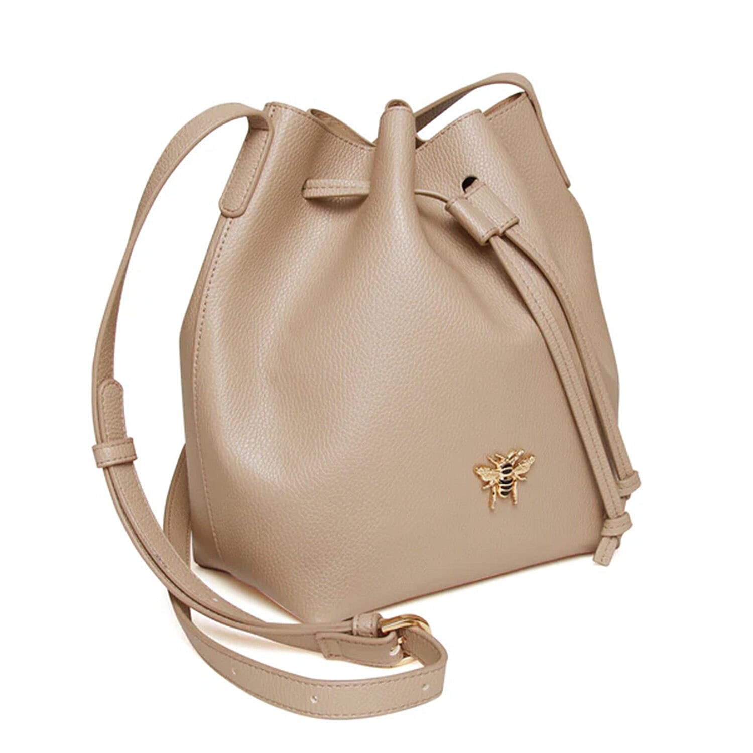 Alice Wheeler Vegan Leather Bucket Shoulder Bag with Drawstring & Bee Emblem - Stone