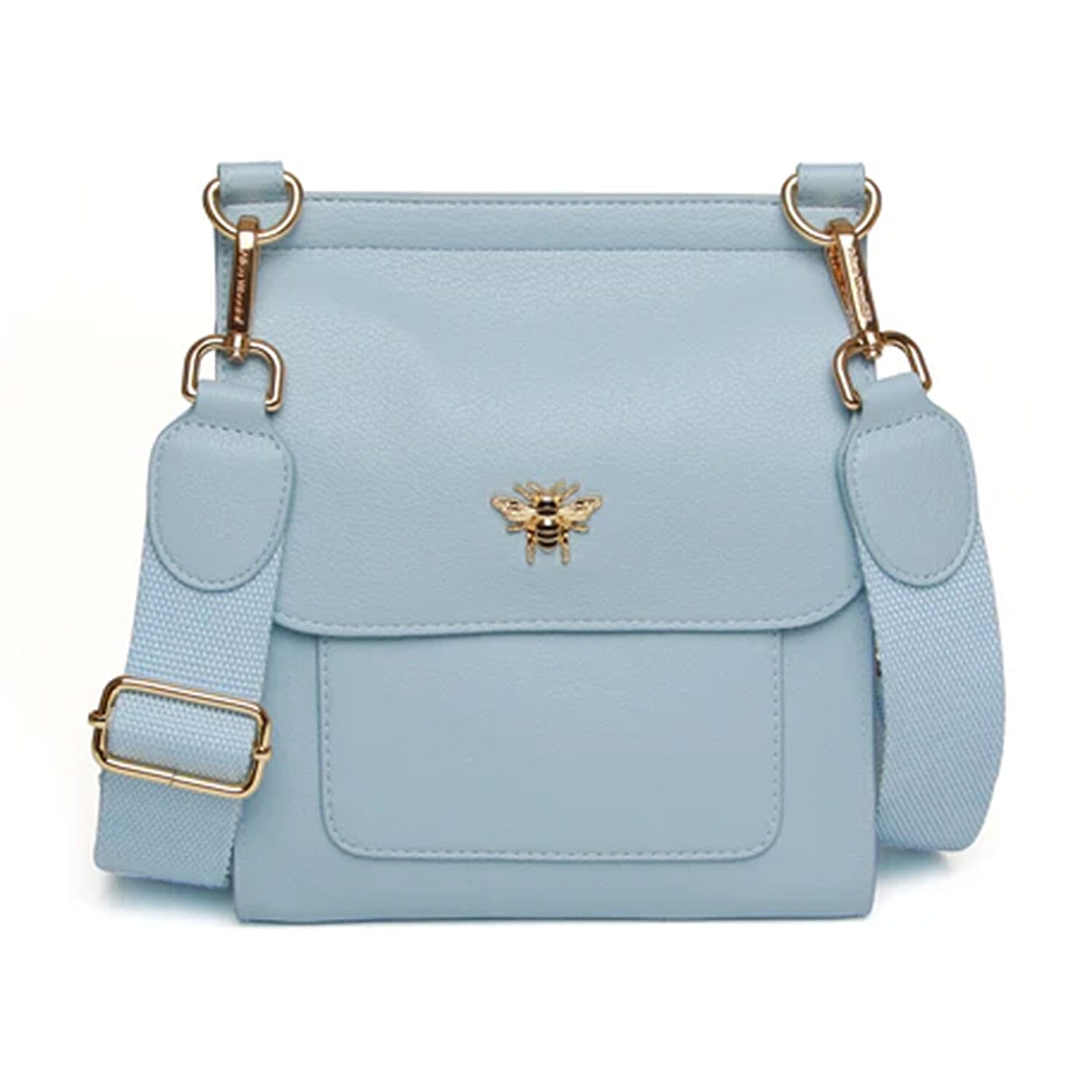 Alice Wheeler London Bloomsbury Vegan Leather Crossbody Bag - Adjustable Strap & Bee Insignia - Pastel Blue
