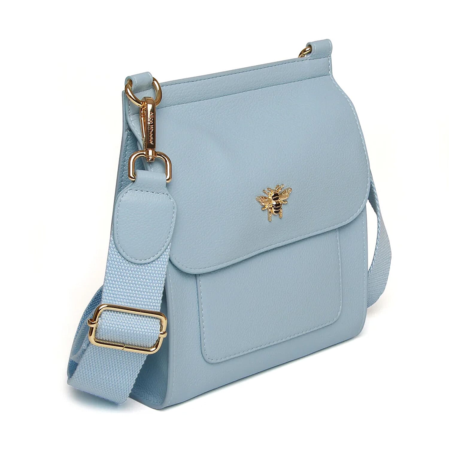Alice Wheeler London Bloomsbury Vegan Leather Crossbody Bag - Adjustable Strap & Bee Insignia - Pastel Blue