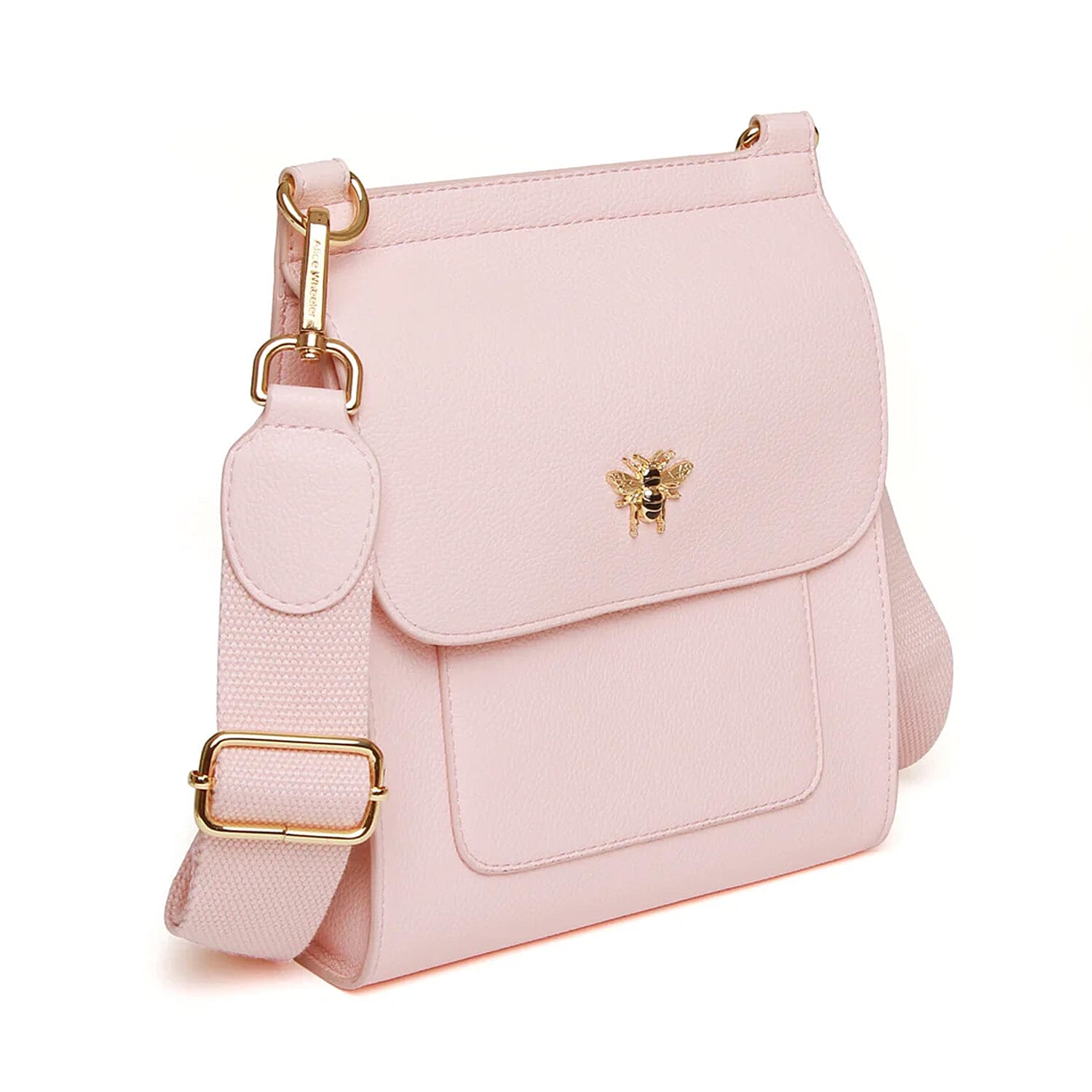 Alice Wheeler London Bloomsbury Vegan Leather Crossbody Bag - Adjustable Strap & Bee Insignia - Pastel Pink