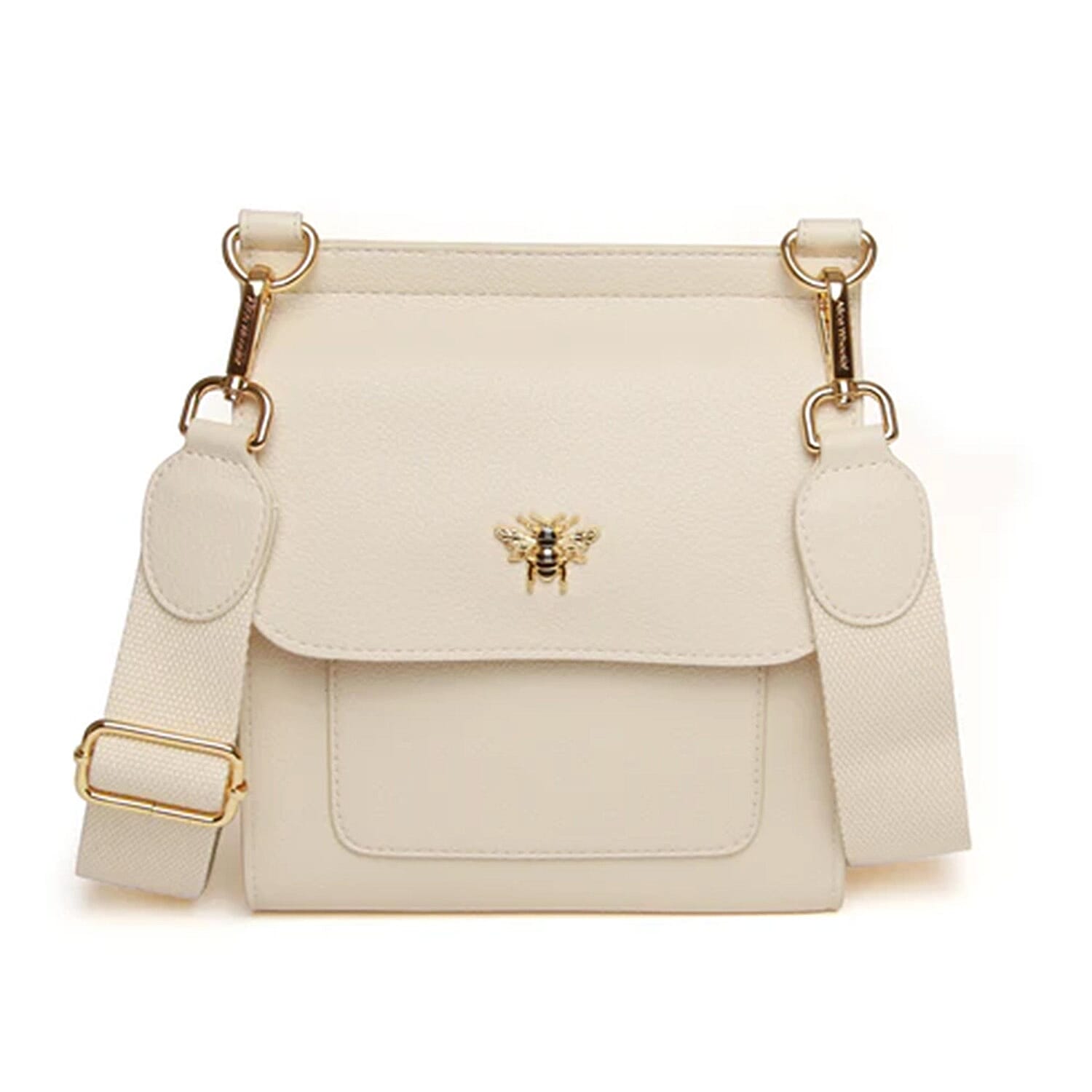 Alice Wheeler London Bloomsbury Vegan Leather Crossbody Bag - Adjustable Strap & Bee Insignia - Pastel Cream