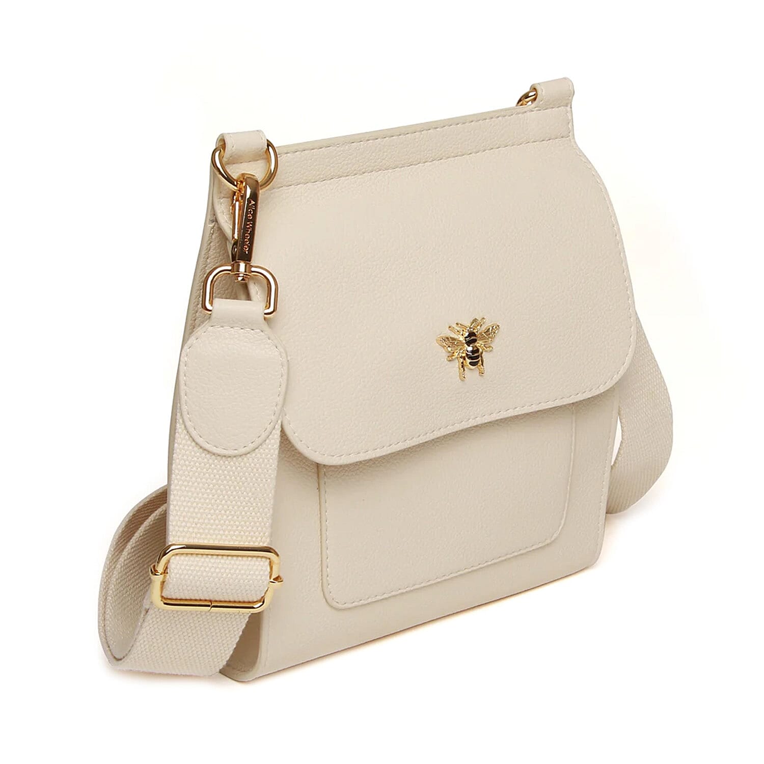 Alice Wheeler London Bloomsbury Vegan Leather Crossbody Bag - Adjustable Strap & Bee Insignia - Pastel Cream