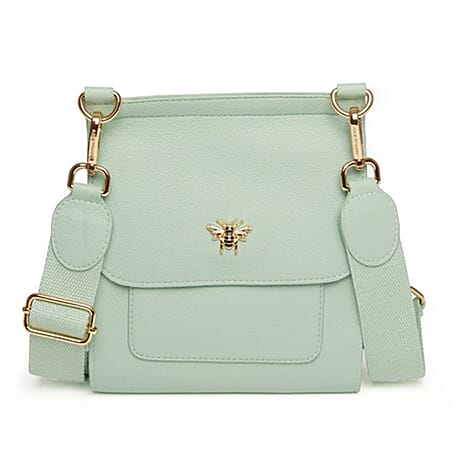 Alice Wheeler London Bloomsbury Vegan Leather Crossbody Bag - Adjustable Strap & Bee Insignia - Pastel Mint