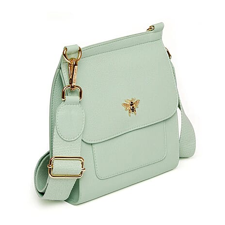 Alice Wheeler London Bloomsbury Vegan Leather Crossbody Bag - Adjustable Strap & Bee Insignia - Pastel Mint