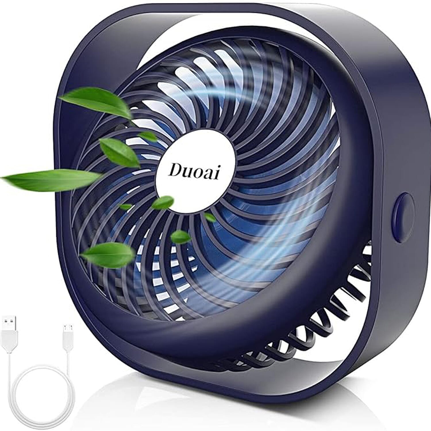Duoai Mini USB Desk Fan Built in Battery 2000mAh Rechargeable, Portable with 360 Rotation 3 Speeds - Blue