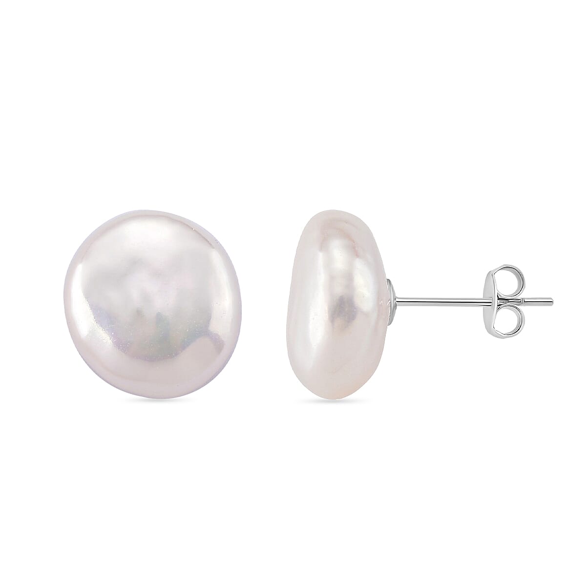 Keshi Pearl Coin Shape Stud Earring with Push Back in Rhodium Overlay Sterling Silver 6.00 Ct.