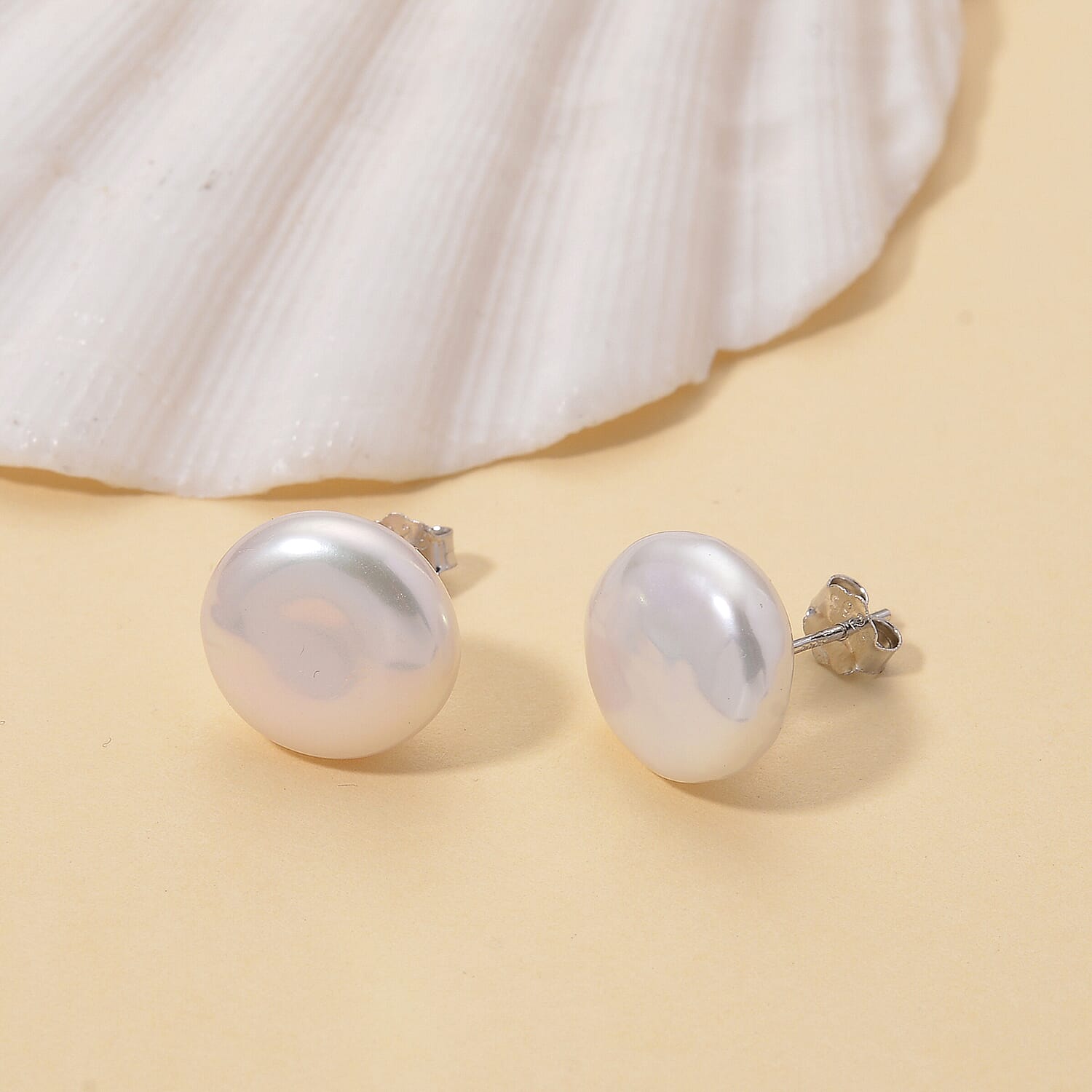 Keshi Pearl Coin Shape Stud Earring with Push Back in Rhodium Overlay Sterling Silver 6.00 Ct.