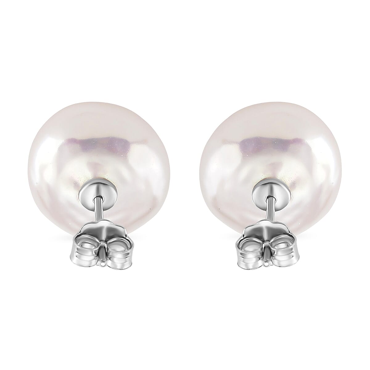 Keshi Pearl Coin Shape Stud Earring with Push Back in Rhodium Overlay Sterling Silver 6.00 Ct.