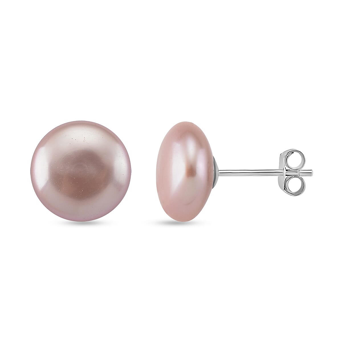 Keshi Pearl Coin Shape Stud Earring in Rhodium Overlay Sterling Silver