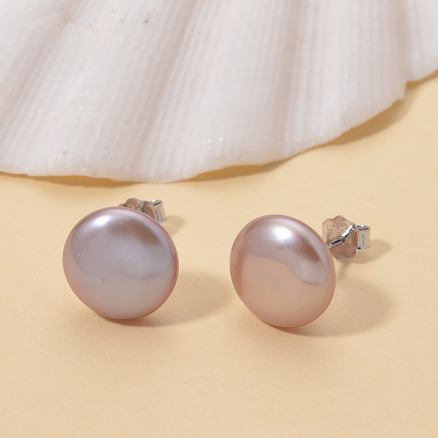 Keshi Pearl Coin Shape Stud Earring in Rhodium Overlay Sterling Silver