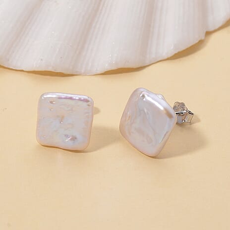 Keshi Pearl Earring with Push Back in Rhodium Overlay Sterling Silver 4.00 Ct.