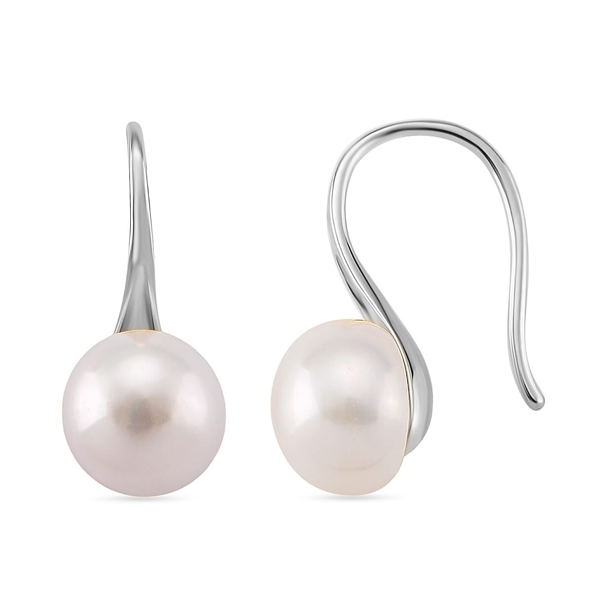 White Fresh Water Pearl Earring with Hook in Rhodium Overlay Sterling Silver 6.00 Ct.
