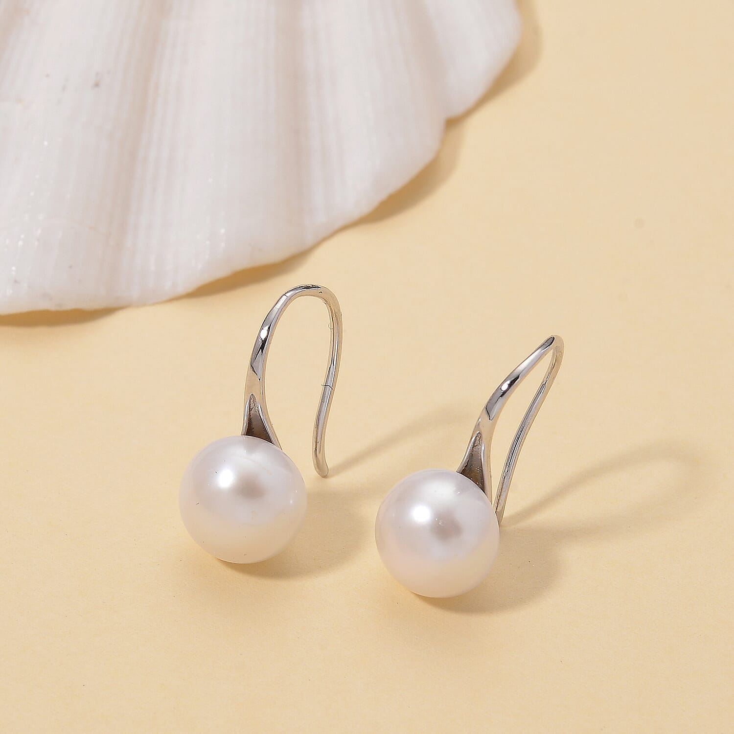 White Fresh Water Pearl Earring with Hook in Rhodium Overlay Sterling Silver 6.00 Ct.