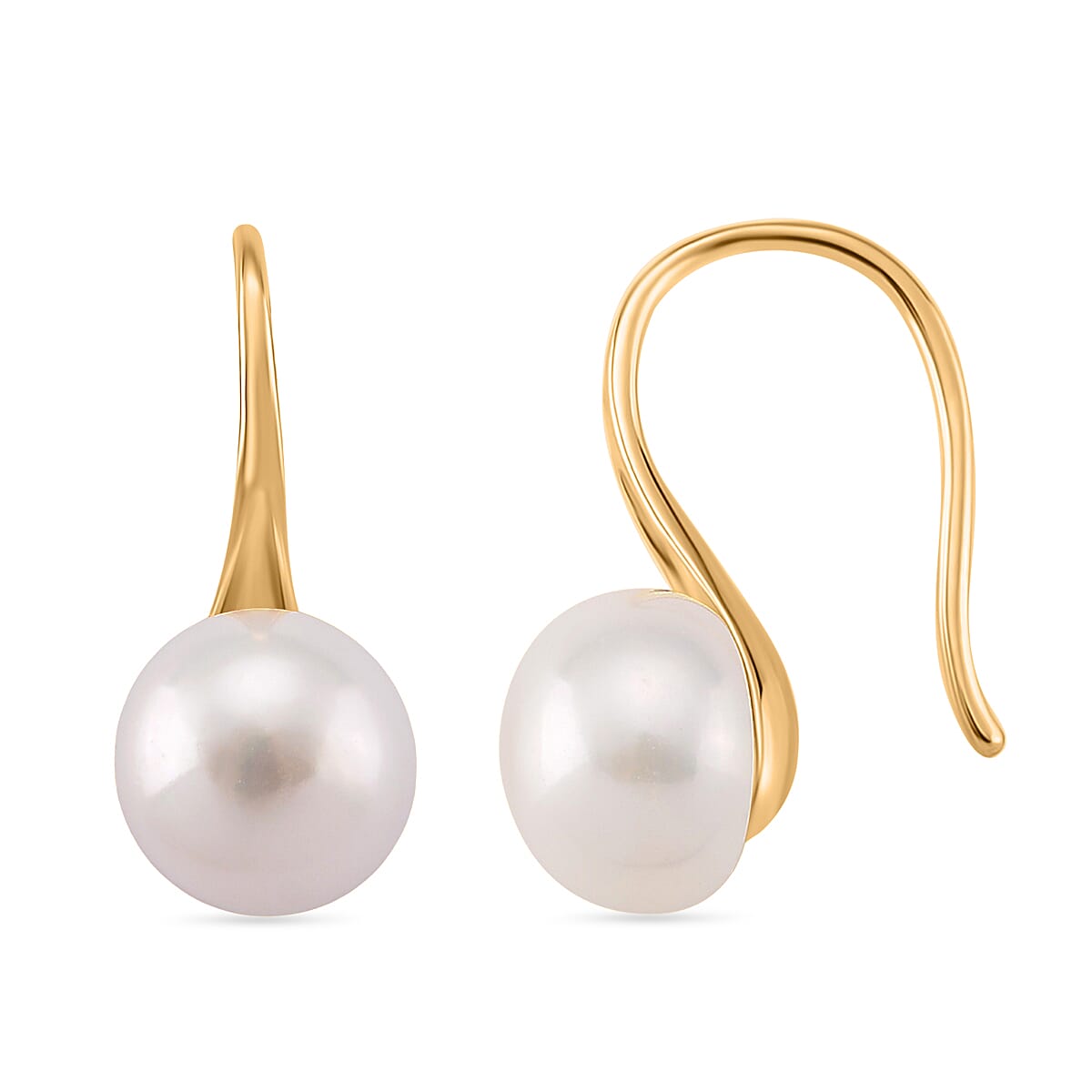 White Fresh Water Pearl Earring with Hook in Yellow Gold Plated Sterling Silver 6.00 Ct.