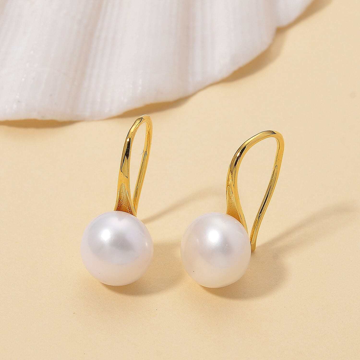 White Fresh Water Pearl Earring with Hook in Yellow Gold Plated Sterling Silver 6.00 Ct.