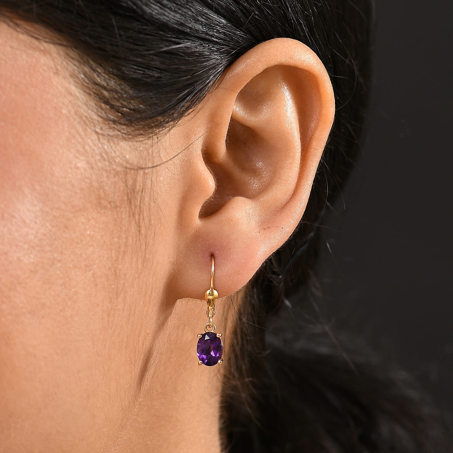 Djoy African Amethyst Solitaire Lever Back Earring in 14K Yellow Gold Overlay Sterling Silver 2.29 Ct.