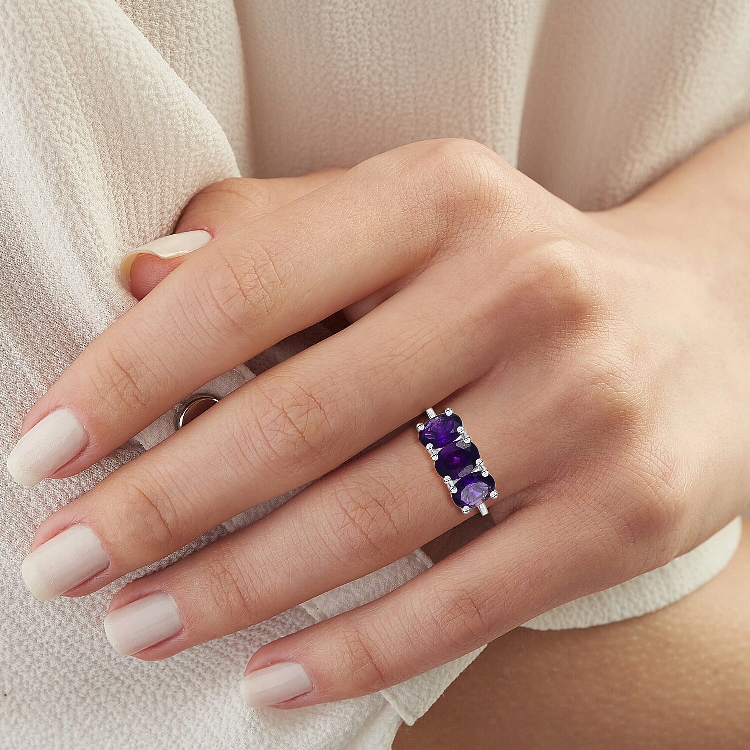 D'joy African Amethyst Ring in Rhodium Overlay Sterling Silver 3.43 Ct.