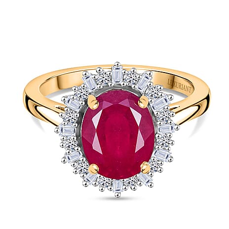 Luxuriant Diamond African Ruby & Lab Grown Diamond Halo Ring in 18K Vermeil Yellow Gold Plated Sterling Silver 4.35 Ct.