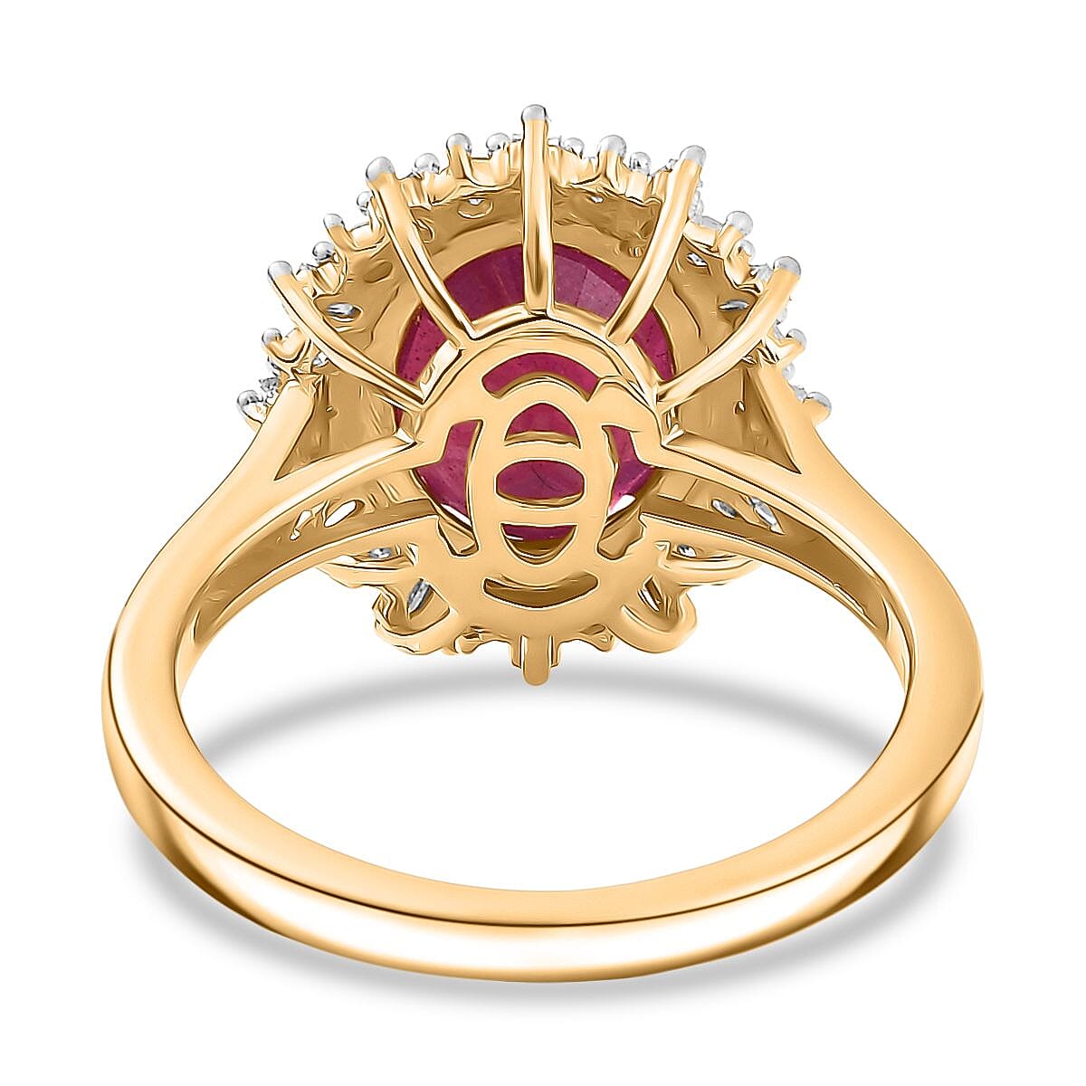 Luxuriant Diamond African Ruby & Lab Grown Diamond Halo Ring in 18K Vermeil Yellow Gold Plated Sterling Silver 4.35 Ct. Luxuriant Diamond African Ruby & Lab Grown Diamond Halo Ring in 18K Vermeil Yellow Gold Plated Sterling Silver 4.35 Ct.