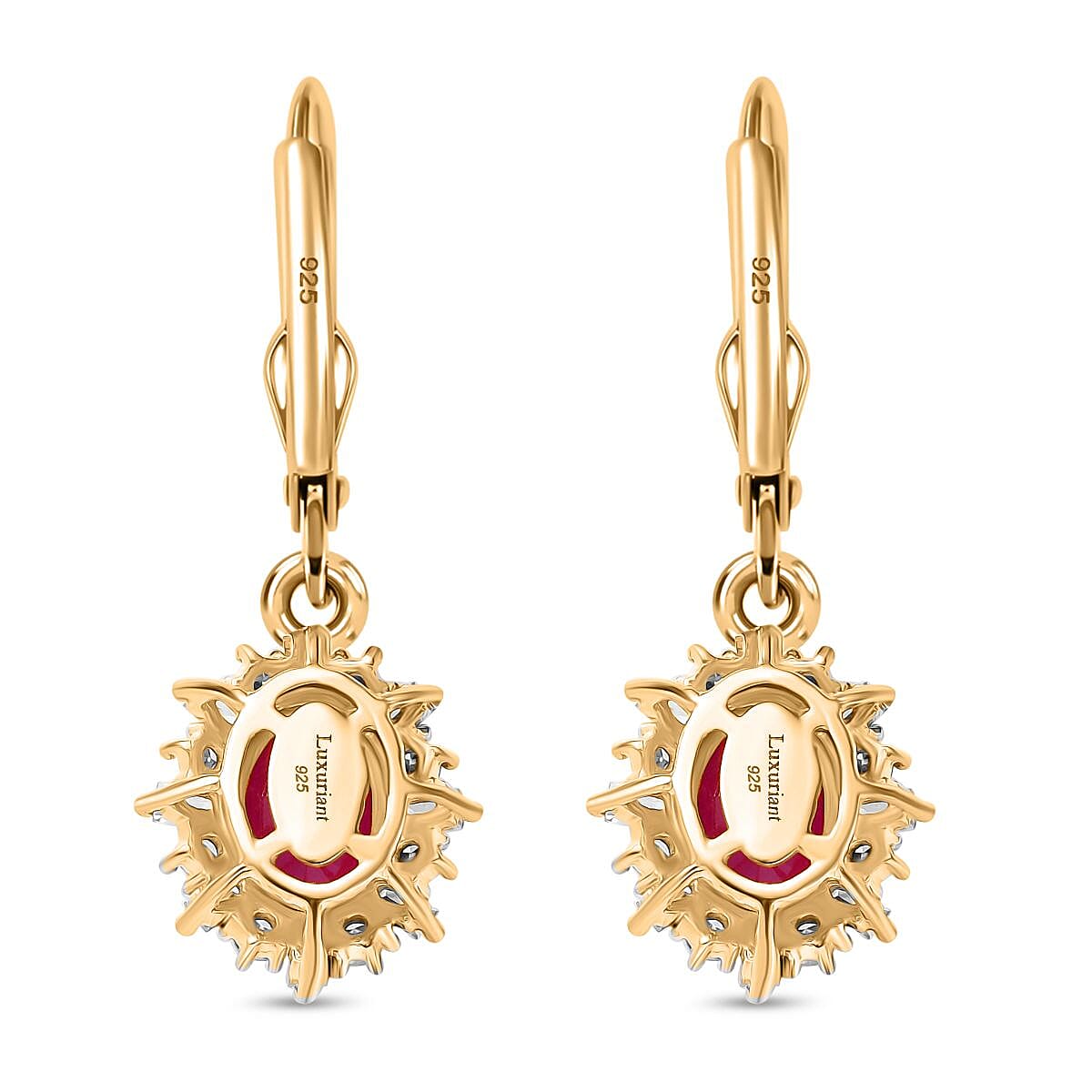Luxuriant Diamond African Ruby, Lab Grown Diamond Solitaire Lever Back Earring in 18K Vermeil Yellow Gold Plated Sterling Silver 2.45 Ct. Luxuriant Diamond African Ruby, Lab Grown Diamond Solitaire Lever Back Earring in 18K Vermeil Yellow Gold Plated Sterling Silver 2.45 Ct.