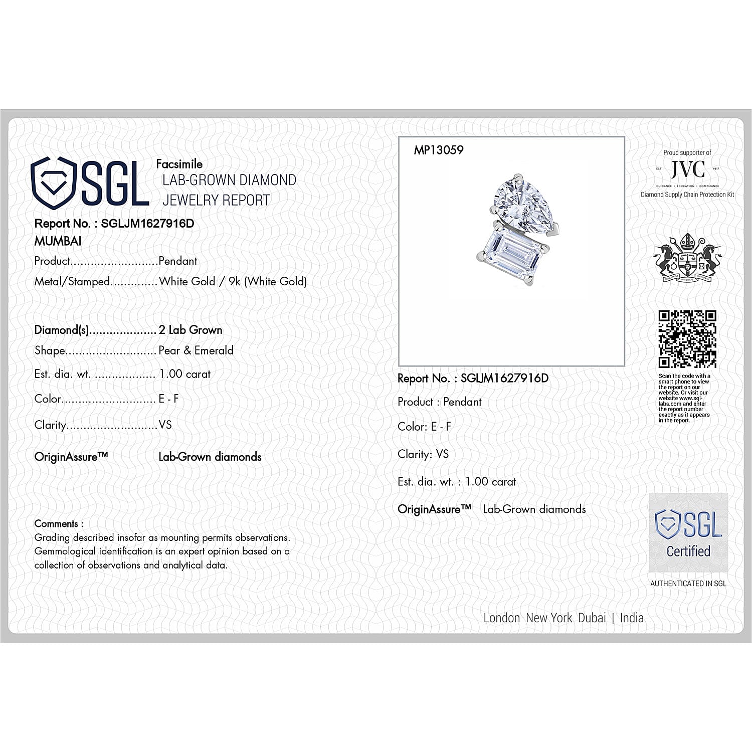 Luxuriant - 9K White Gold SGL Certified (VS-EF) Lab Grown Diamond Emerald & Pear Pendant 1.00 Ct. Luxuriant - 9K White Gold SGL Certified (VS-EF) Lab Grown Diamond Emerald & Pear Pendant 1.00 Ct.