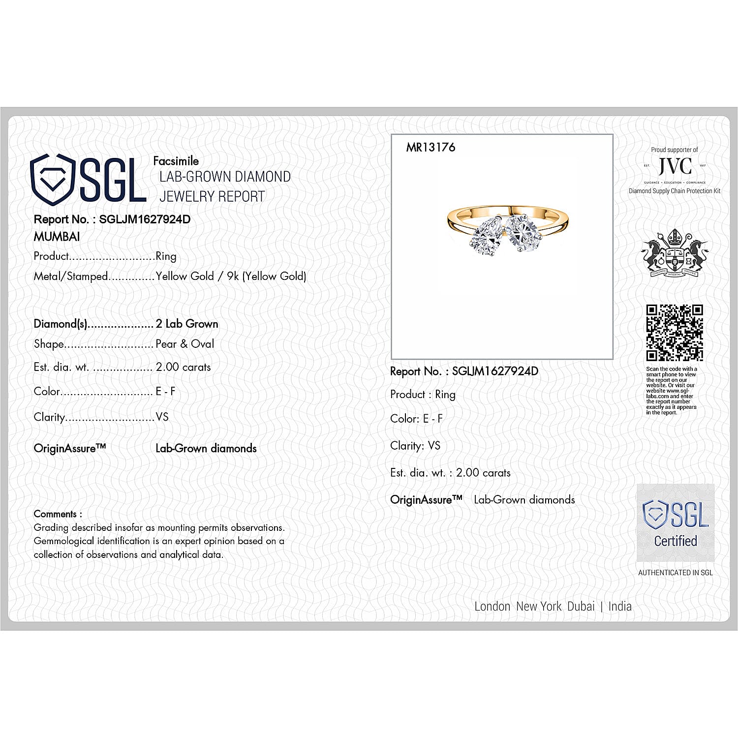 Luxuriant - 9K Gold SGL Certified (VS-EF) Lab Grown Diamond Ring
