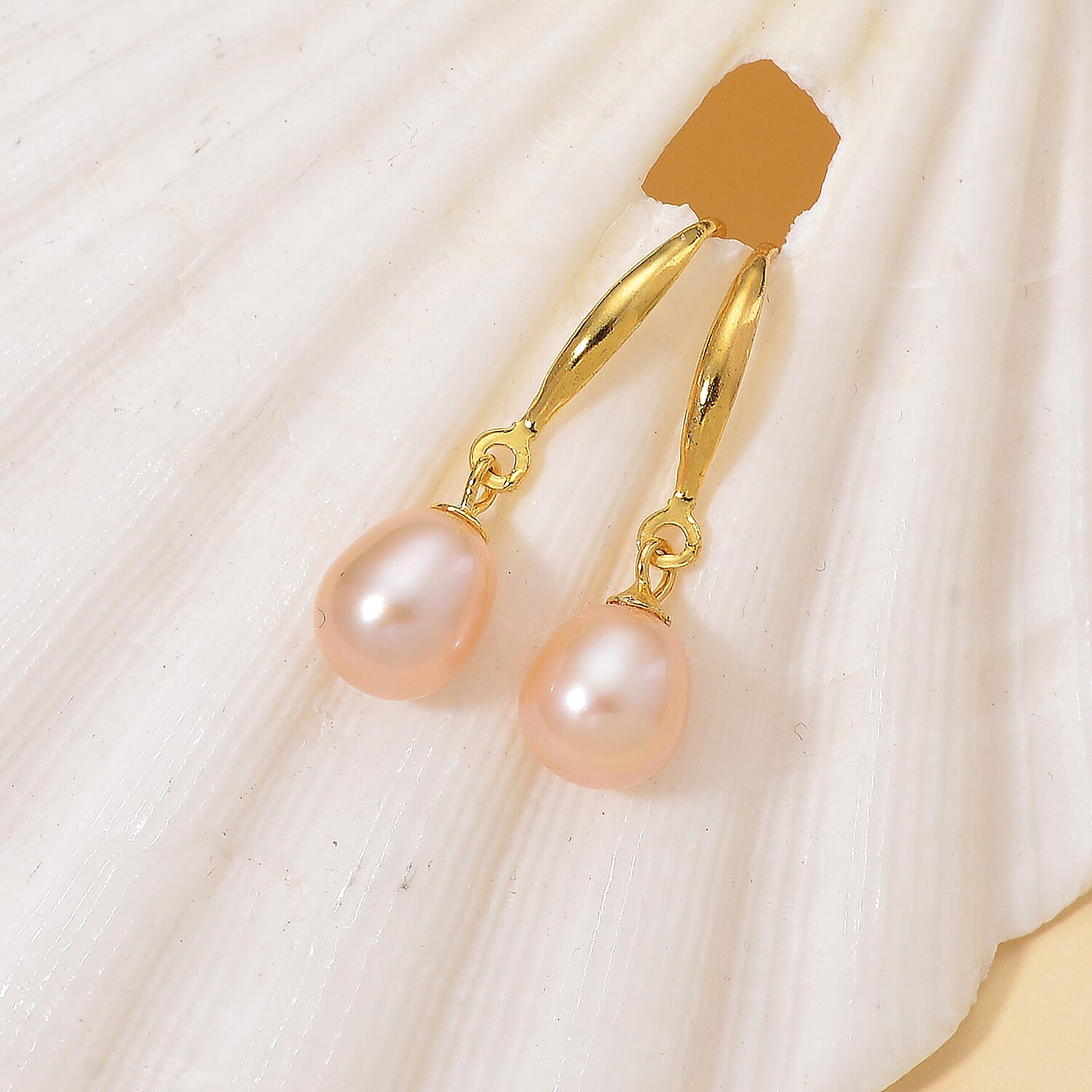 Peach Fresh Water Pearl Earring with Hook in Yellow Gold Plated Sterling Silver 4.00 Ct.