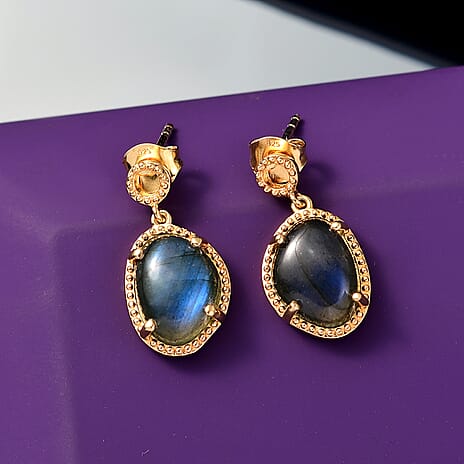 AAA Natural Labradorite Solitaire Stud Push Back Earring in Yellow Gold Plating 6.88 Ct.