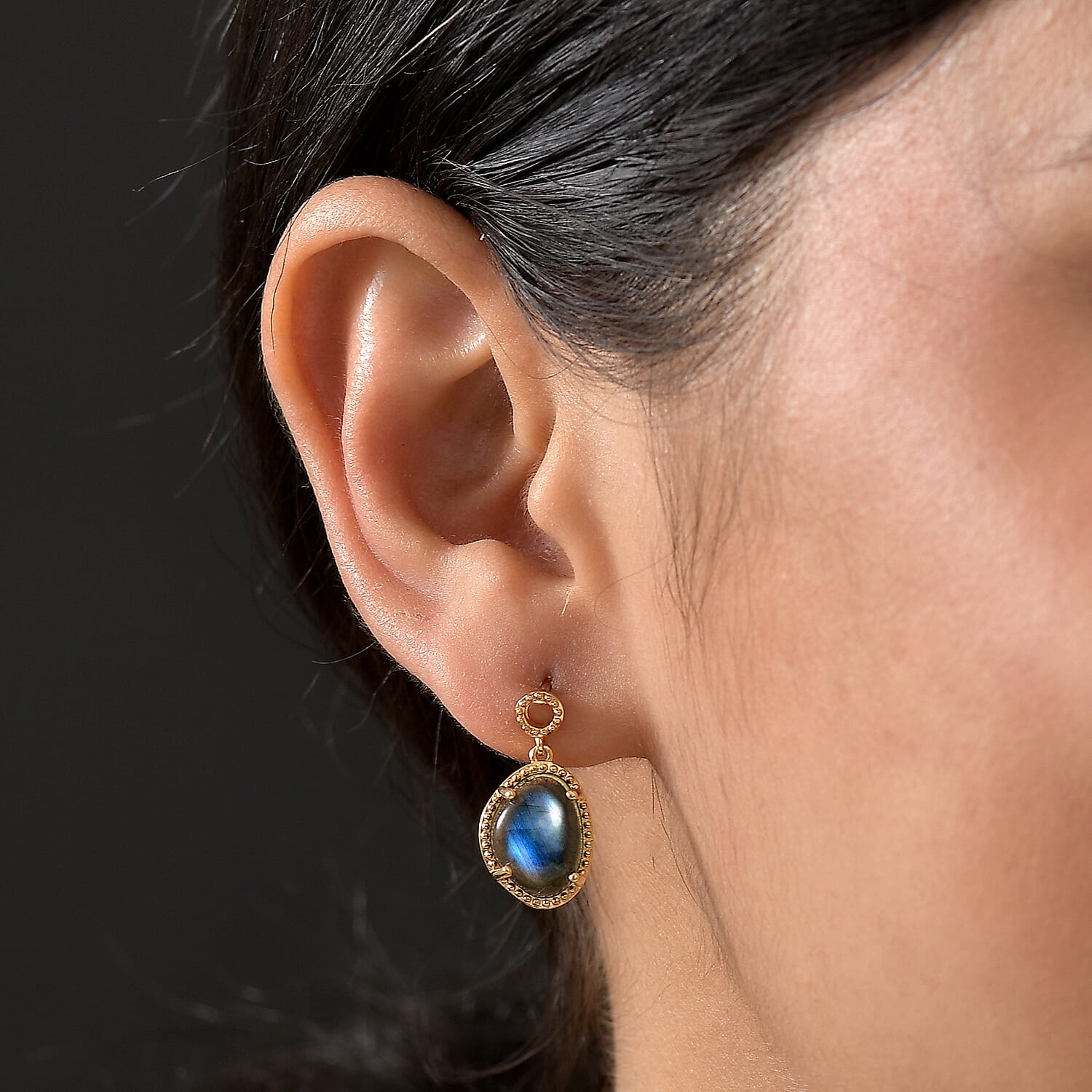 AAA Natural Labradorite Solitaire Stud Push Back Earring in Yellow Gold Plating 6.88 Ct.