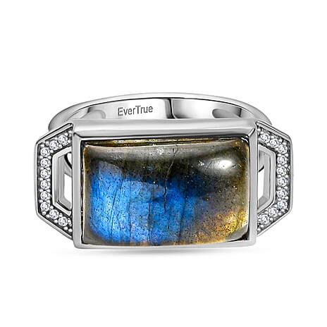 Ever True Labradorite & White Zircon Solitaire Ring White Tone 6.54 Ct.