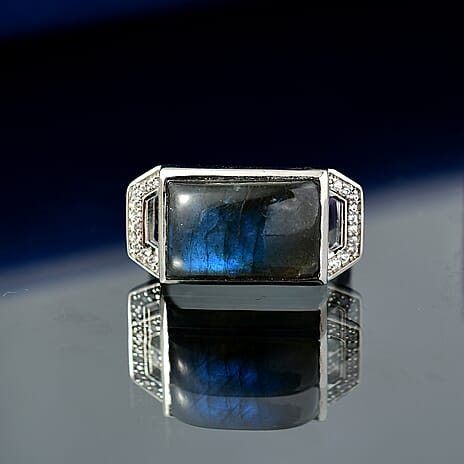 Ever True Labradorite & White Zircon Solitaire Ring White Tone 6.54 Ct.