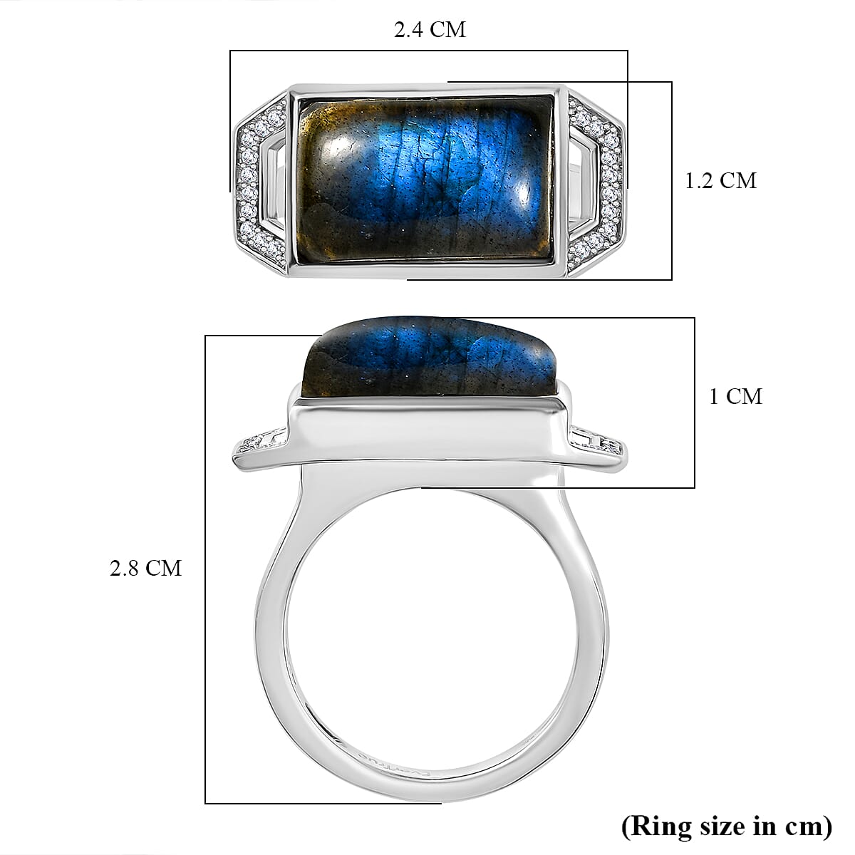 AAA Natural Labradorite & White Zircon Solitaire Ring in White Plating 6.54 Ct. AAA Natural Labradorite & White Zircon Solitaire Ring in White Plating 6.54 Ct.