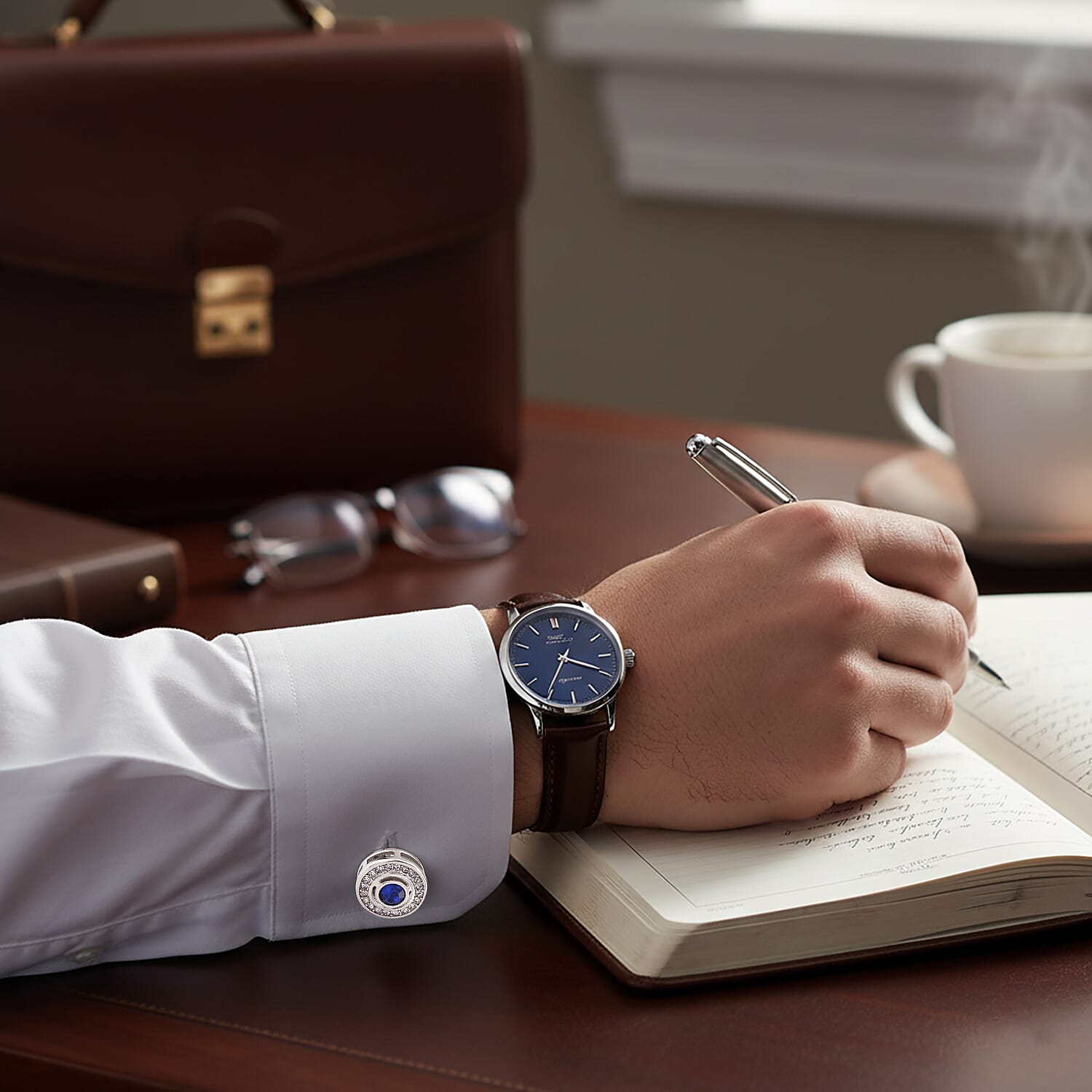 Blue Crystal CuffLink in Silver Colour Tone