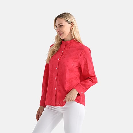 - Maisi 100% Cotton Embroidered Shirt with Stand-up Collar (Size 12) - Red