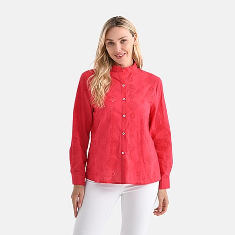 - Maisi 100% Cotton Embroidered Shirt with Stand-up Collar (Size 18) - Red