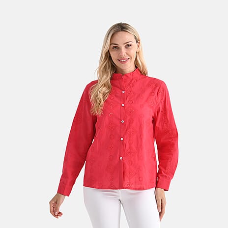 - Maisi 100% Cotton Embroidered Shirt with Stand-up Collar (Size 20) - Red