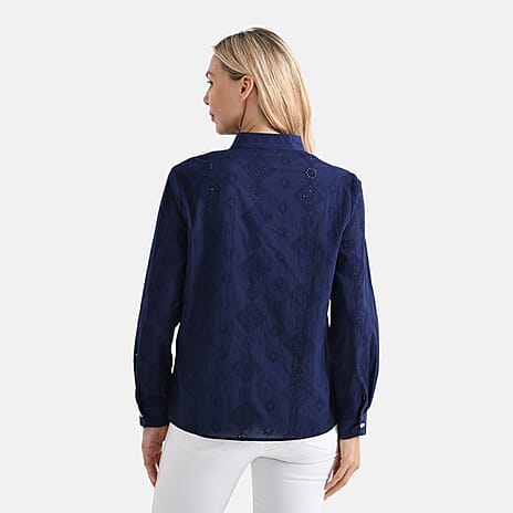 - Maisi 100% Cotton Embroidered Shirt with Stand-up Collar (Size 12) - Navy
